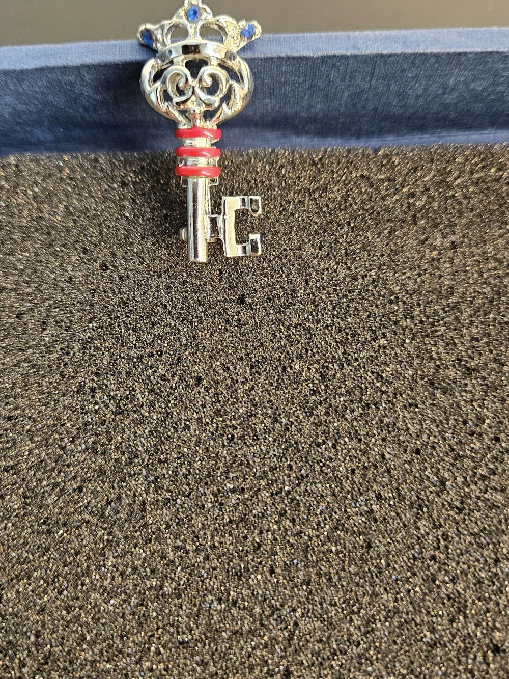 Brooch Crown Key Charm with Blue Stones and Red Accents